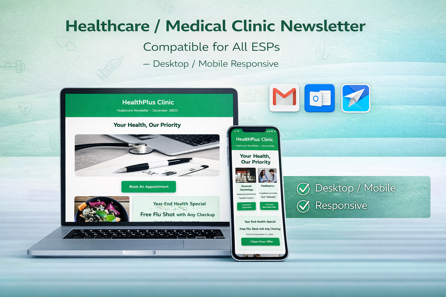 HealthPlus Medical Clinic Newsletter Email Template - Responsive HTML CSS for Doctors & Healthcare Practices